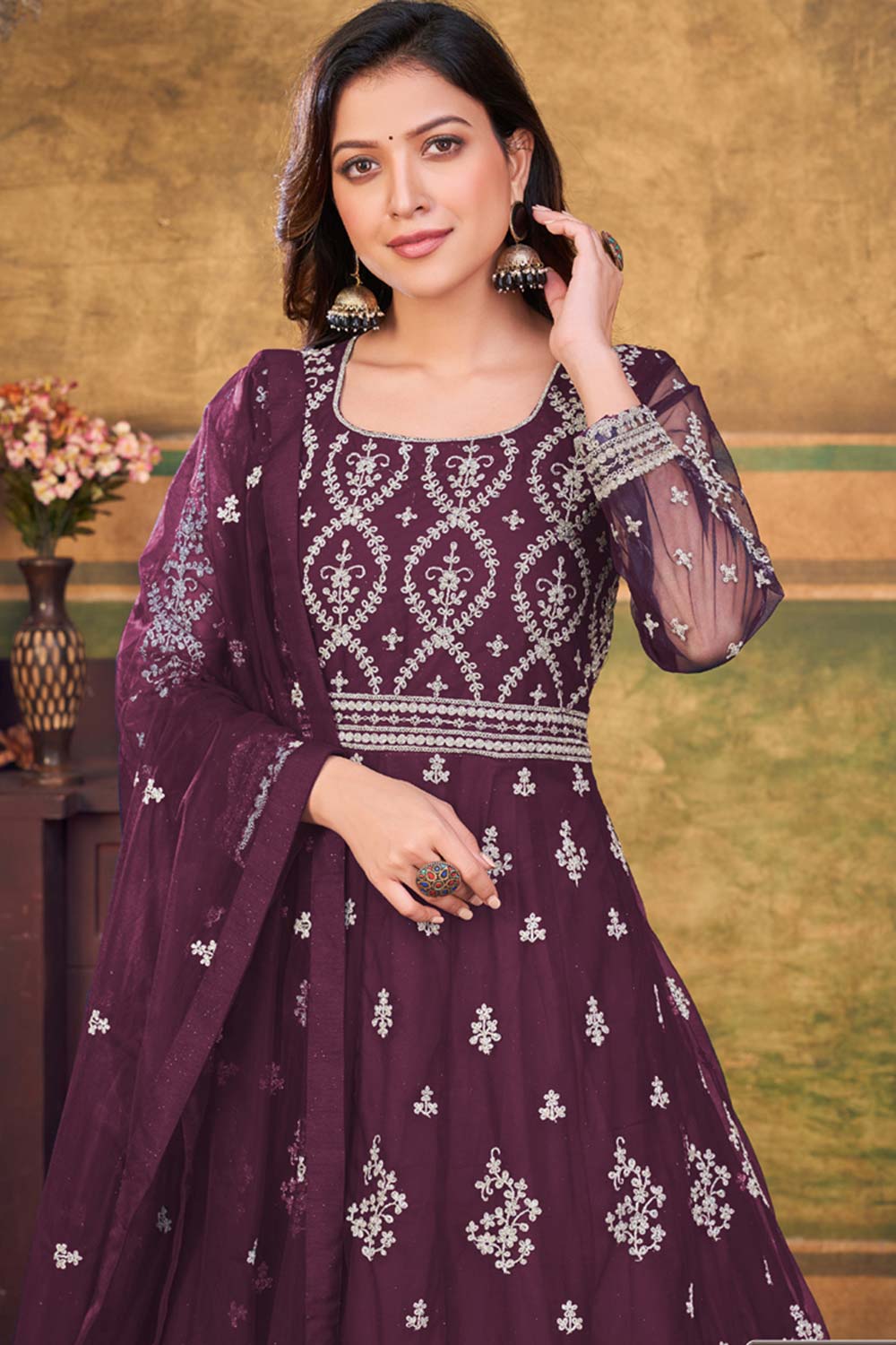 Wine Net Embroidery Anarkali Suit