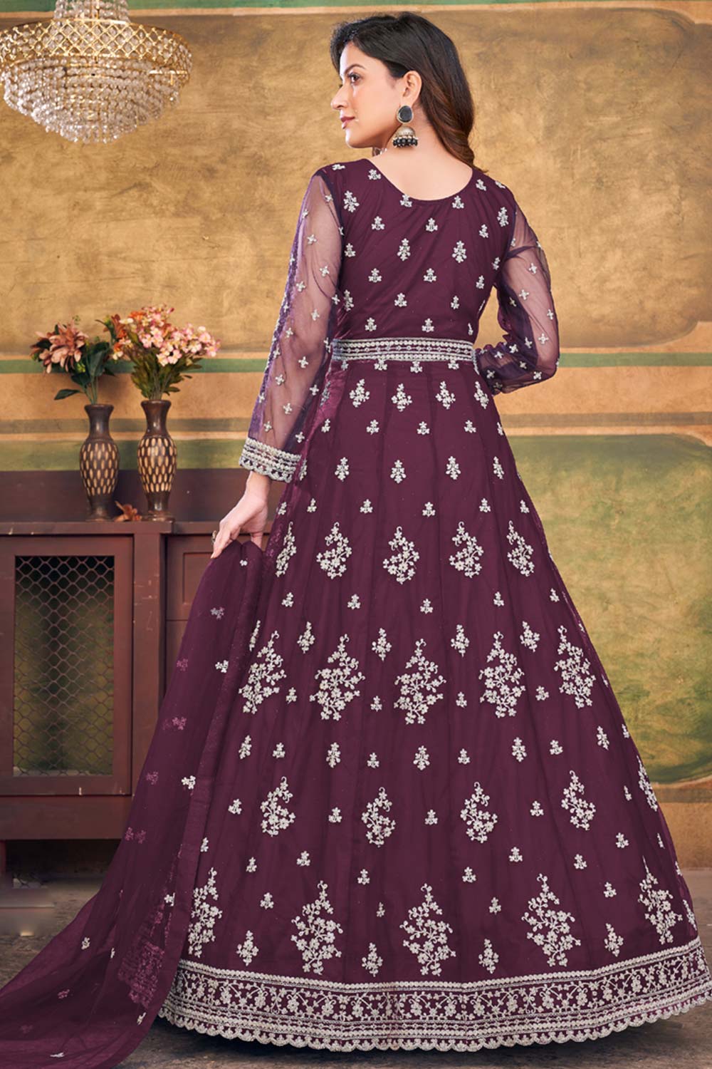 Wine Net Embroidery Anarkali Suit