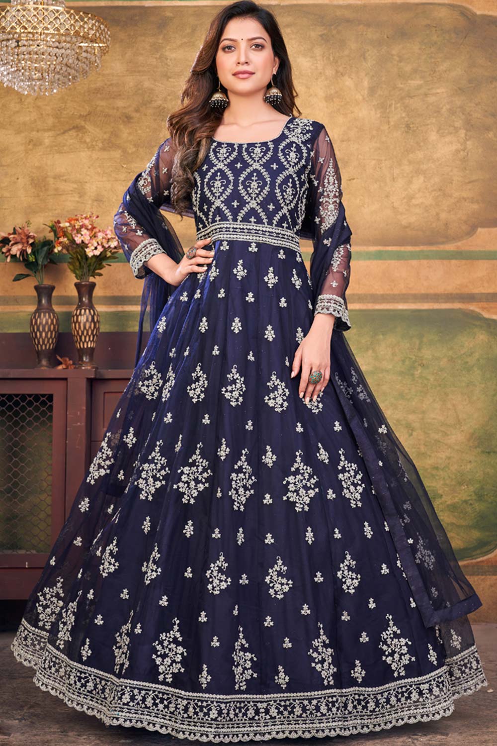 Navy Blue Net Embroidery Anarkali Suit