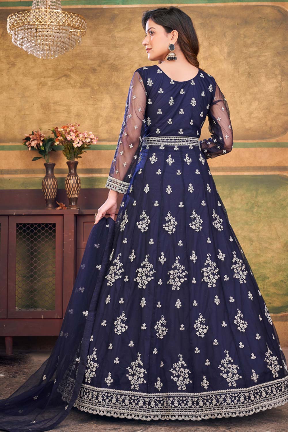 Navy Blue Net Embroidery Anarkali Suit