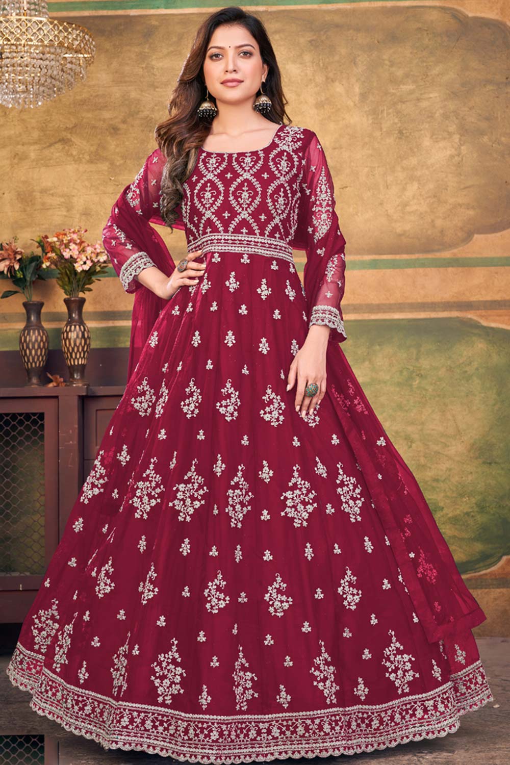 Rani Pink Net Embroidery Anarkali Suit