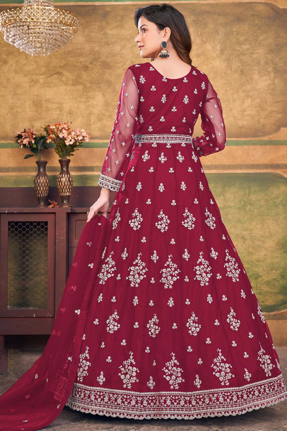 Rani Pink Net Embroidery Anarkali Suit