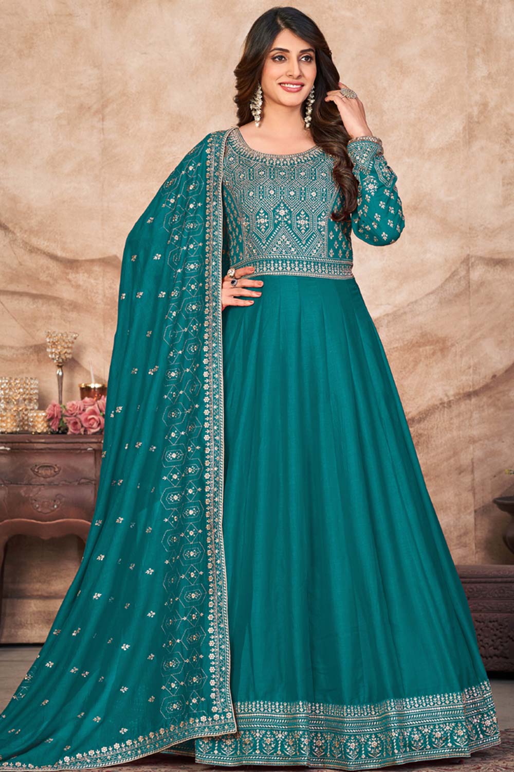 Turquoise Art Silk Embroidery Anarkali Suit