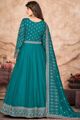 Turquoise Art Silk Embroidery Anarkali Suit