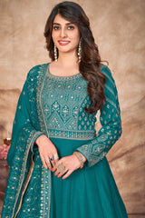 Turquoise Art Silk Embroidery Anarkali Suit