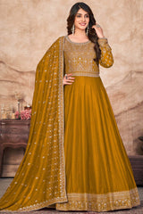 Mustard Art Silk Embroidery Anarkali Suit