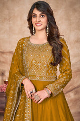 Mustard Art Silk Embroidery Anarkali Suit