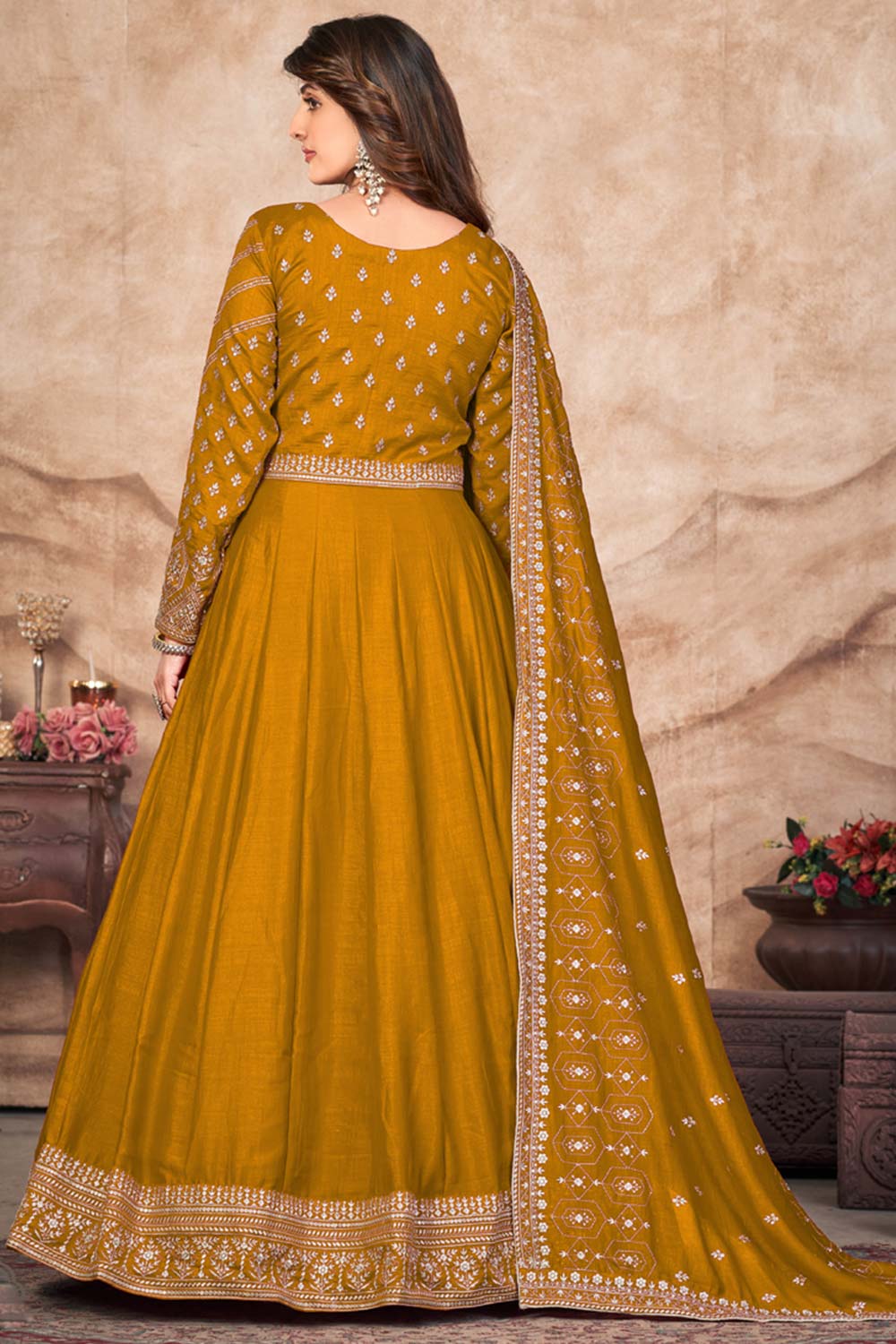 Mustard Art Silk Embroidery Anarkali Suit