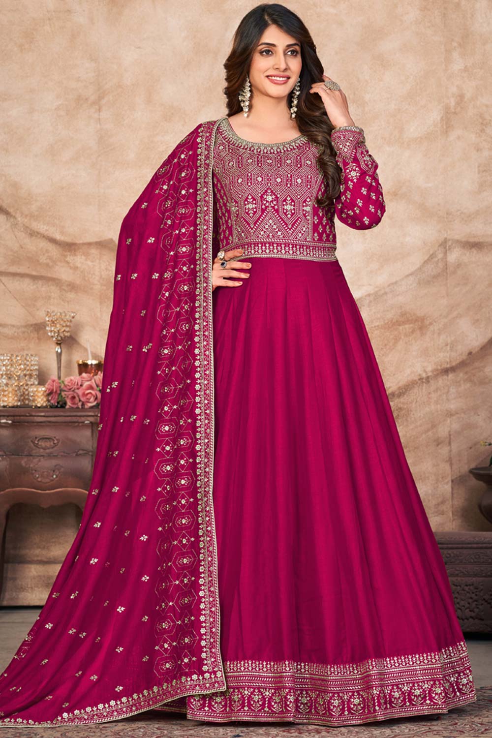 Rani Pink Art Silk Embroidery Anarkali Suit