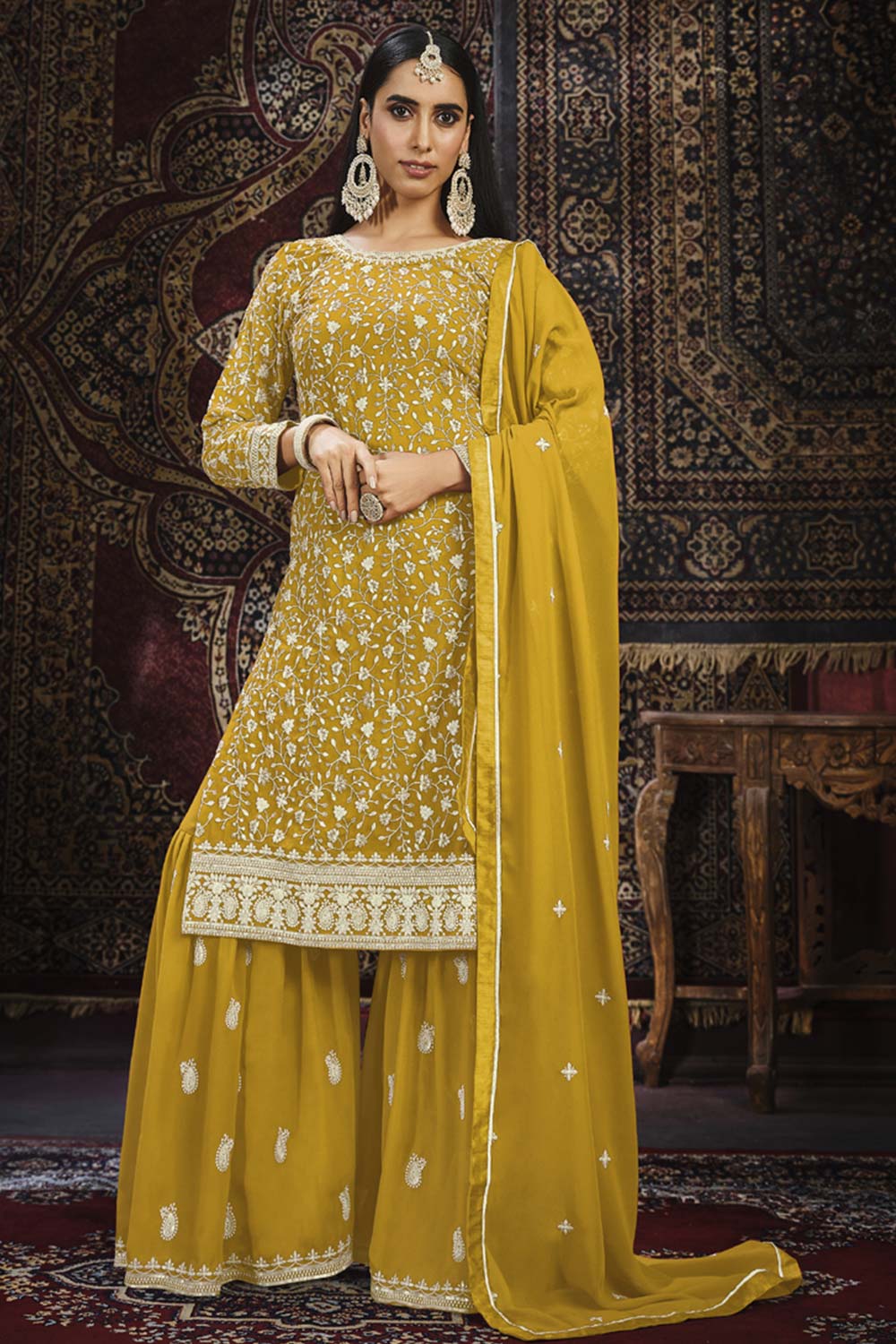 Yellow Faux Georgette Sharara Suit