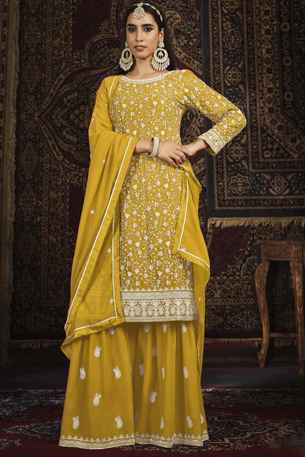 Yellow Faux Georgette Sharara Suit