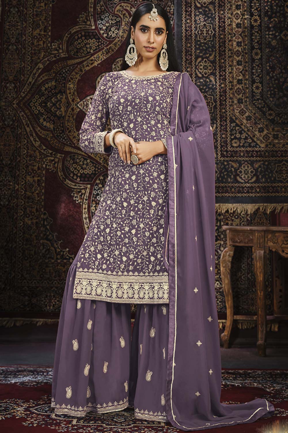 Purple Faux Georgette Sharara Suit