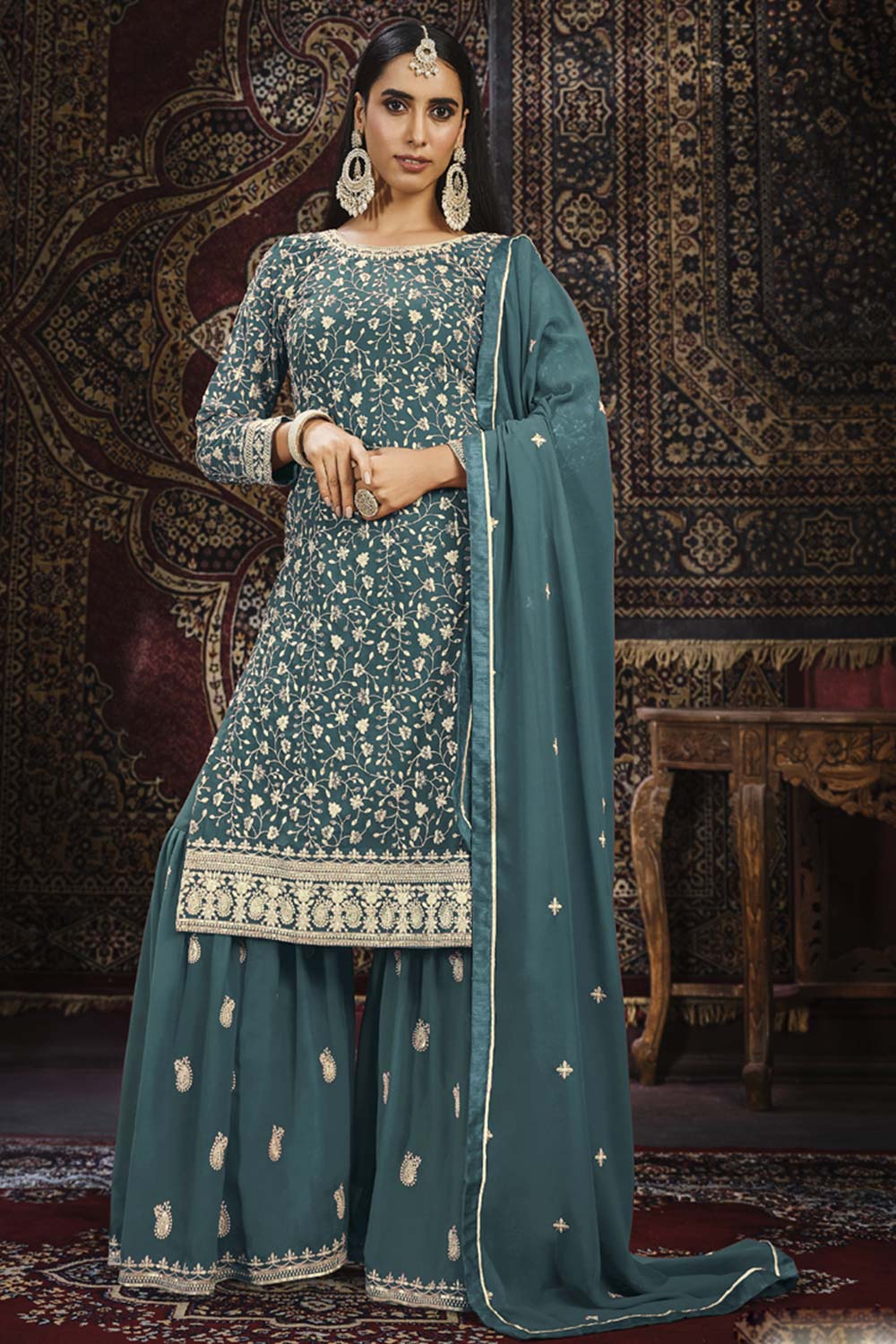 Dark Grey Faux Georgette Sharara Suit