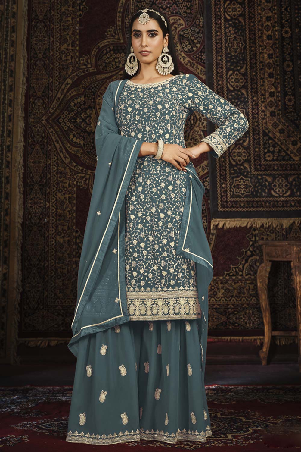 Dark Grey Faux Georgette Sharara Suit