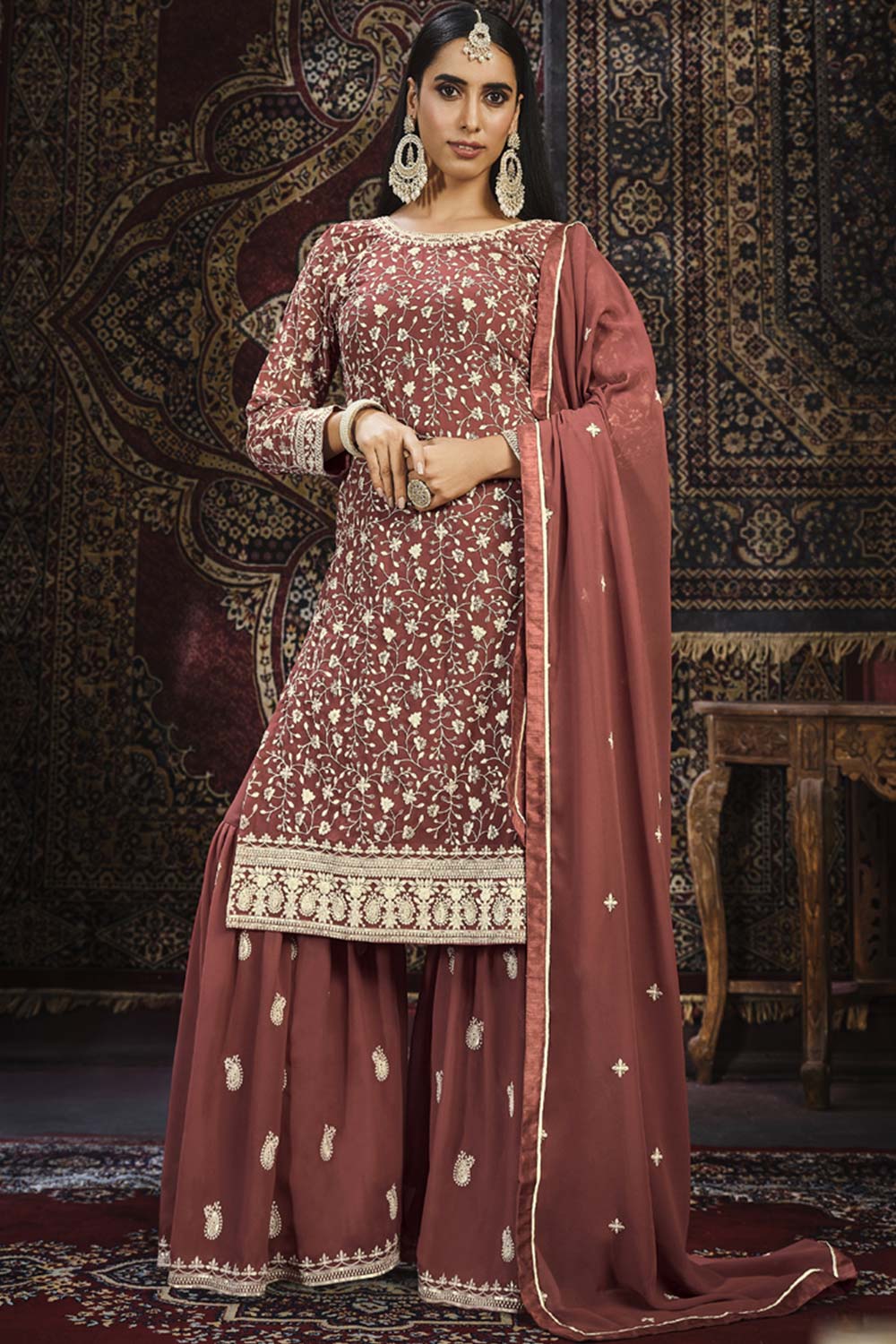 Brown Faux Georgette Sharara Suit