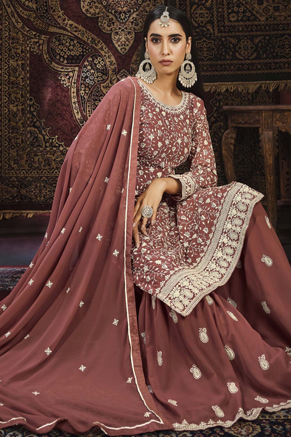 Brown Faux Georgette Sharara Suit