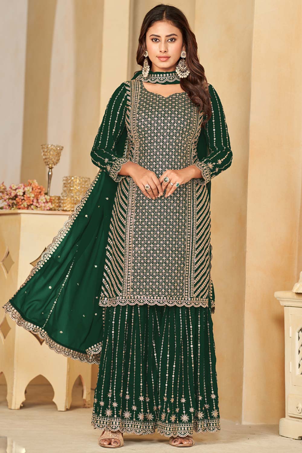 Green Faux Georgette Embroidery Sharara Suit