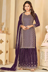 Wine Faux Georgette Embroidery Sharara Suit