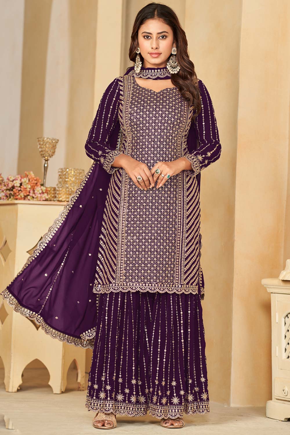 Wine Faux Georgette Embroidery Sharara Suit