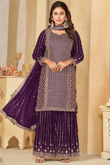 Wine Faux Georgette Embroidery Sharara Suit