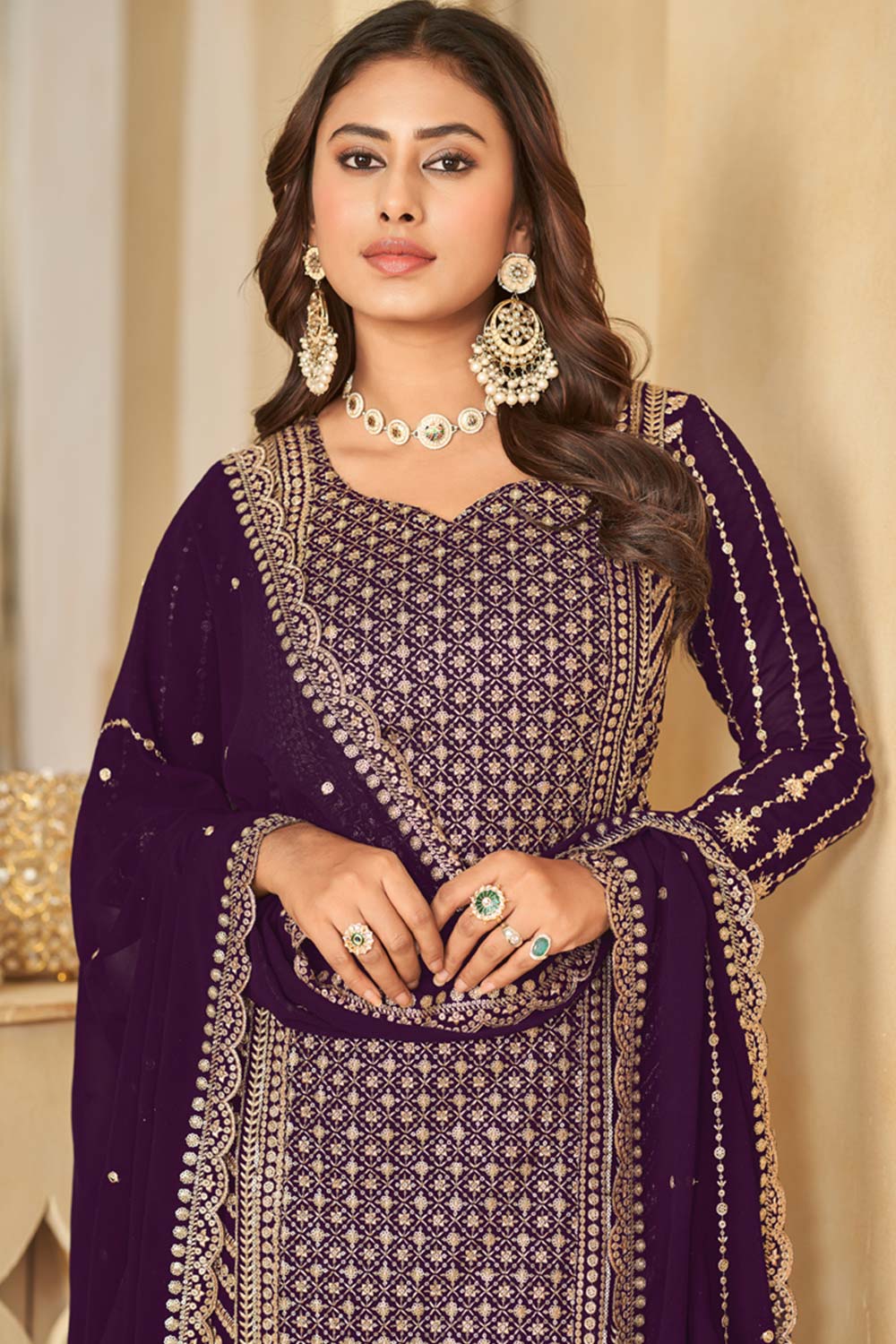 Wine Faux Georgette Embroidery Sharara Suit