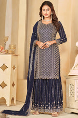 Navy Blue Faux Georgette Embroidery Sharara Suit