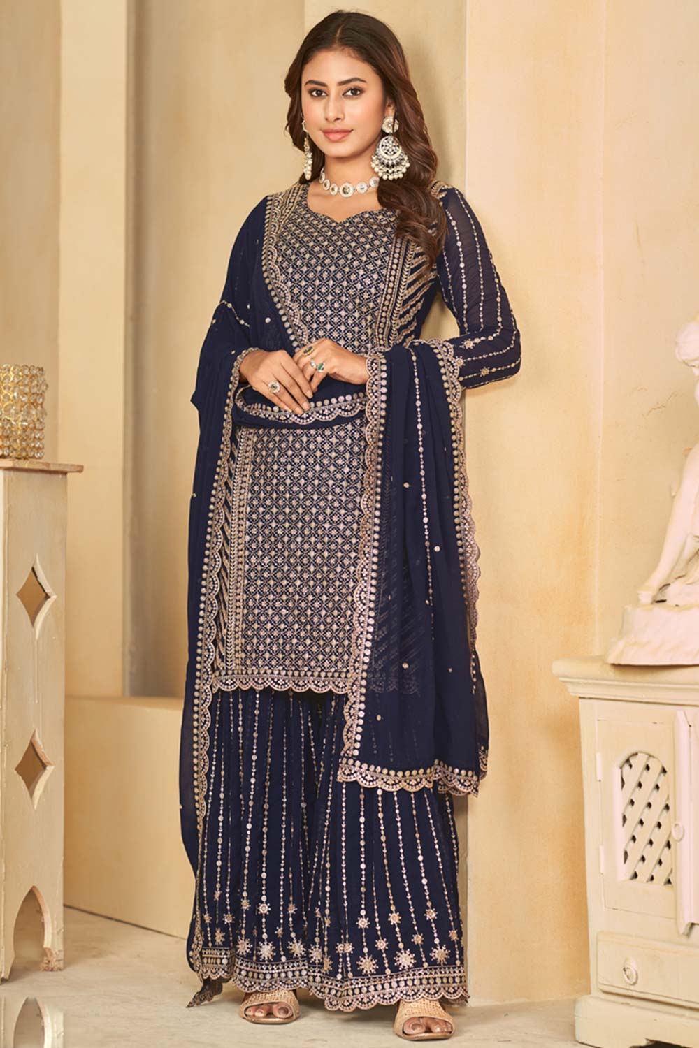 Navy Blue Faux Georgette Embroidery Sharara Suit