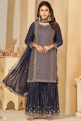 Navy Blue Faux Georgette Embroidery Sharara Suit