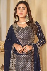 Navy Blue Faux Georgette Embroidery Sharara Suit