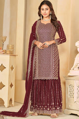 Maroon Faux Georgette Embroidery Sharara Suit