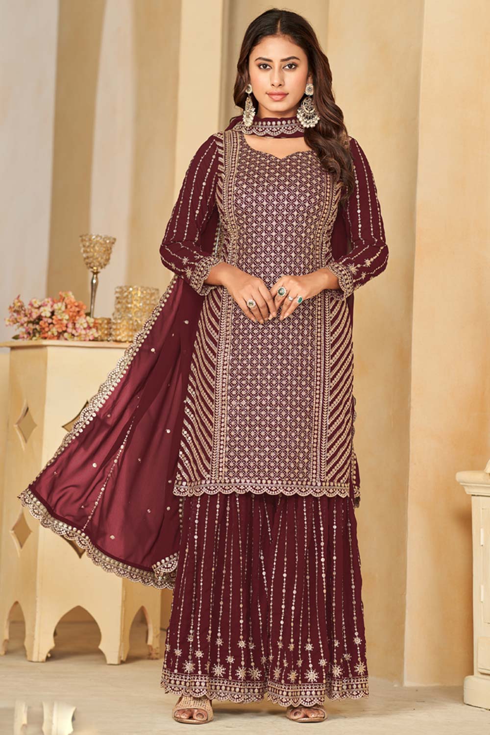 Maroon Faux Georgette Embroidery Sharara Suit