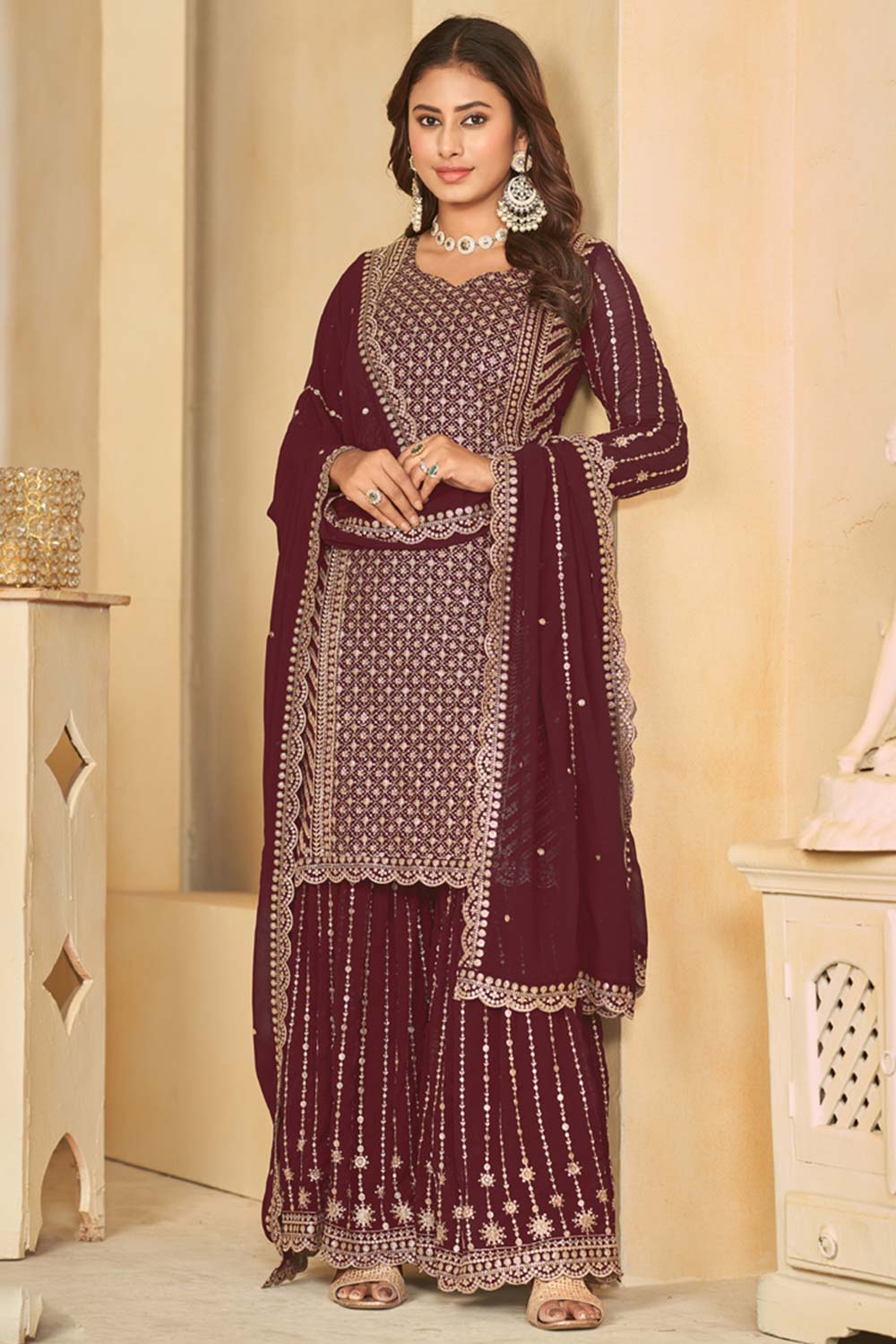 Maroon Faux Georgette Embroidery Sharara Suit