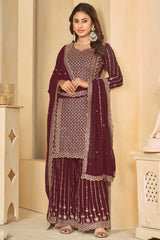 Maroon Faux Georgette Embroidery Sharara Suit