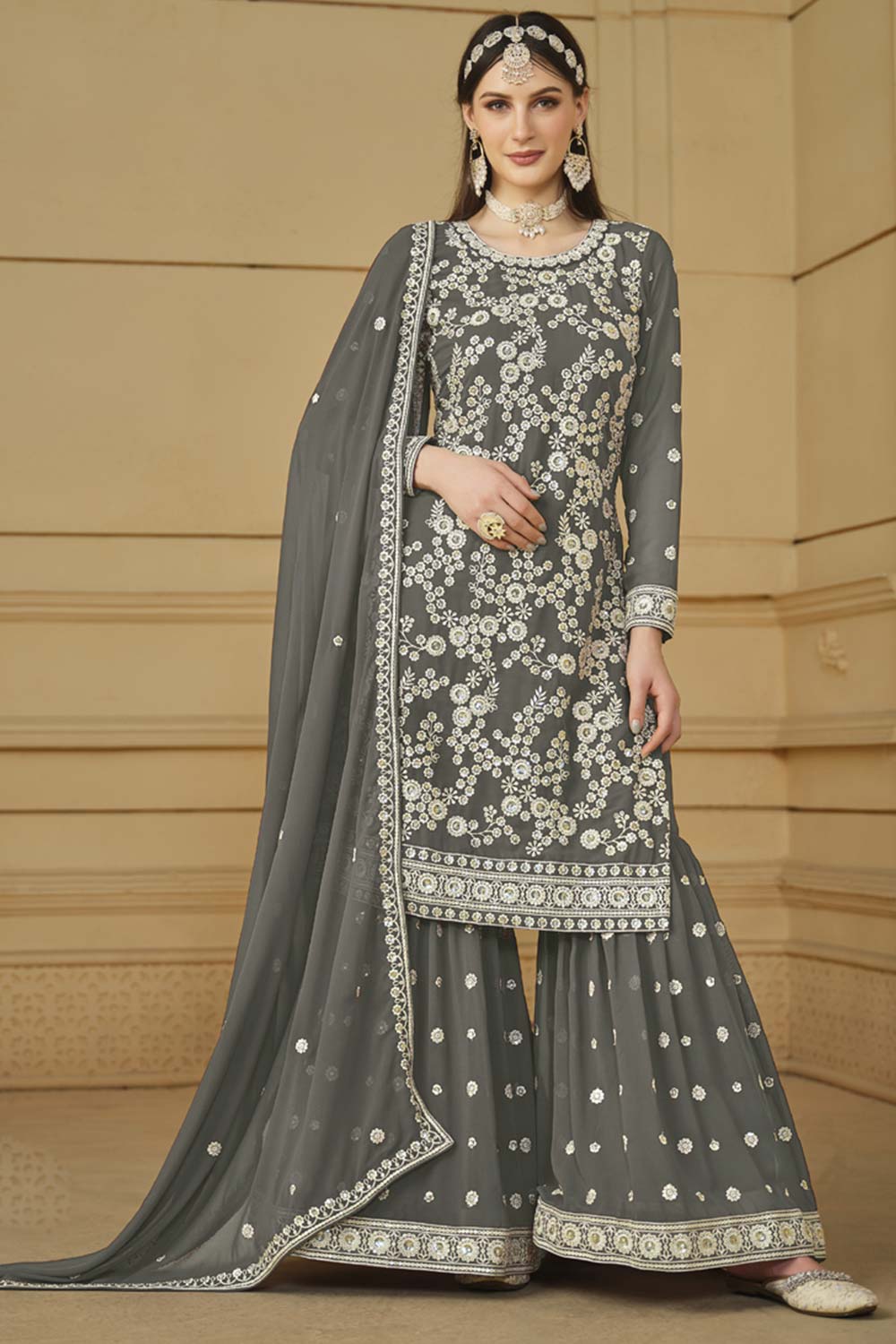 Grey Faux Georgette Embroidery Sharara Suit