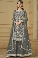 Grey Faux Georgette Embroidery Sharara Suit