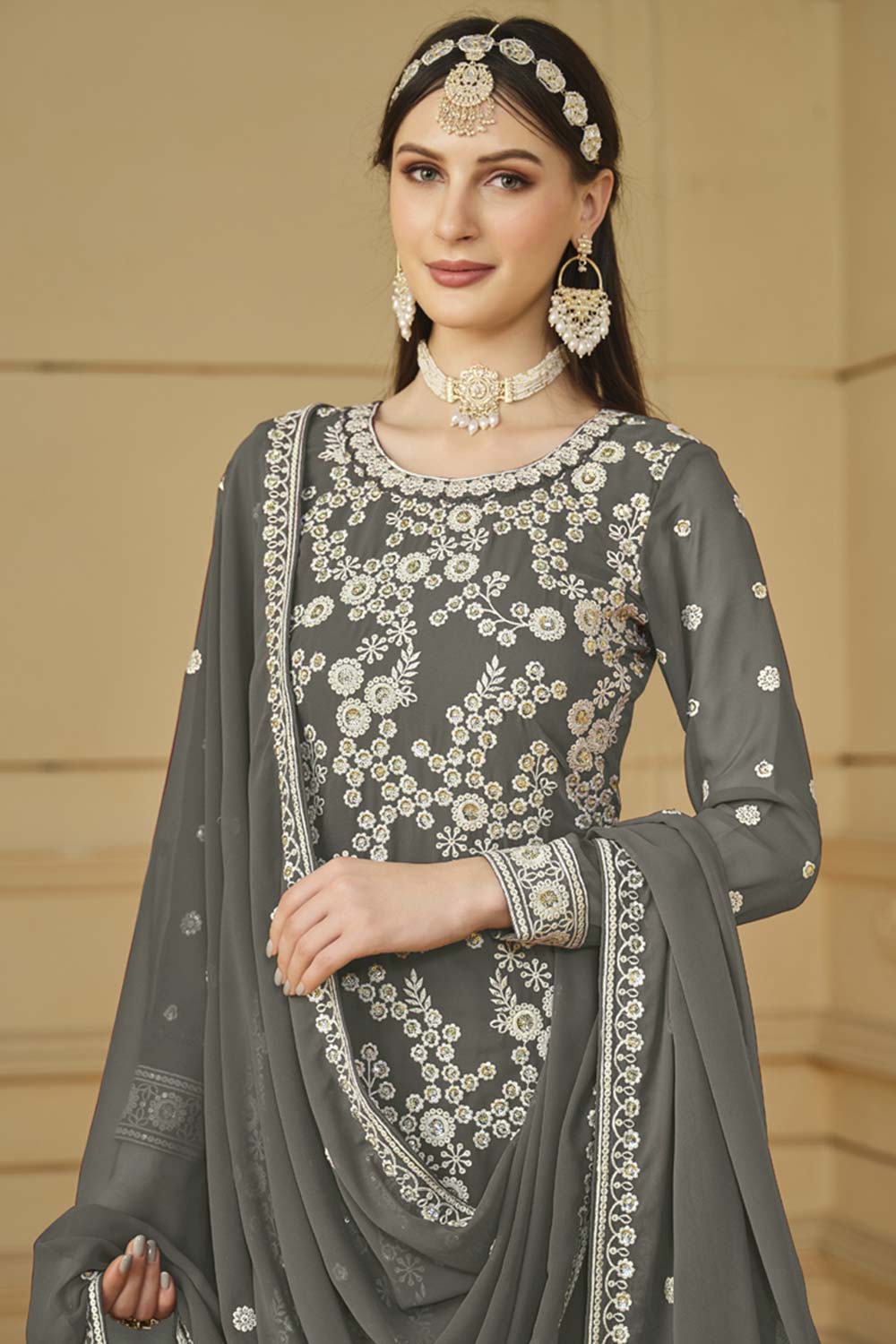 Grey Faux Georgette Embroidery Sharara Suit