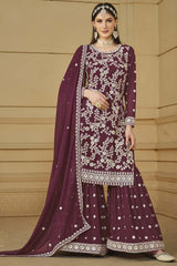 Wine Faux Georgette Embroidery Sharara Suit