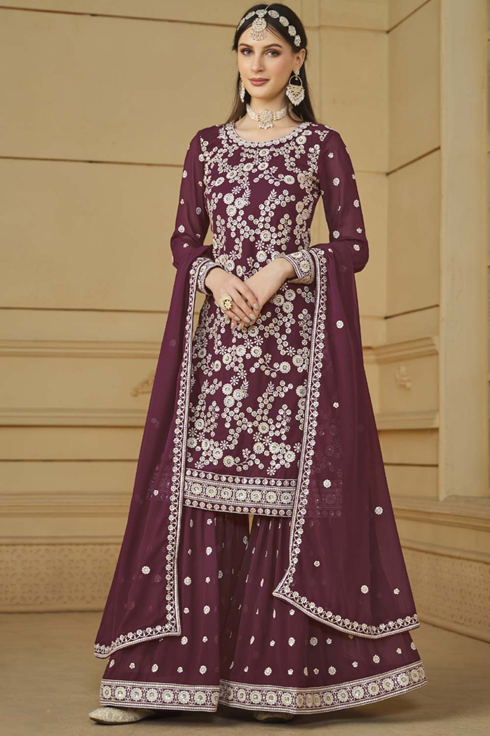 Wine Faux Georgette Embroidery Sharara Suit