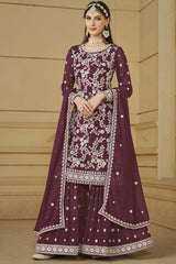 Wine Faux Georgette Embroidery Sharara Suit