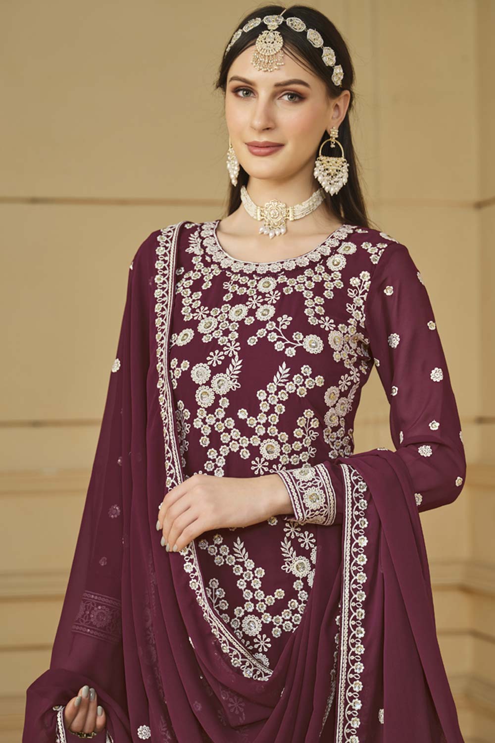 Wine Faux Georgette Embroidery Sharara Suit