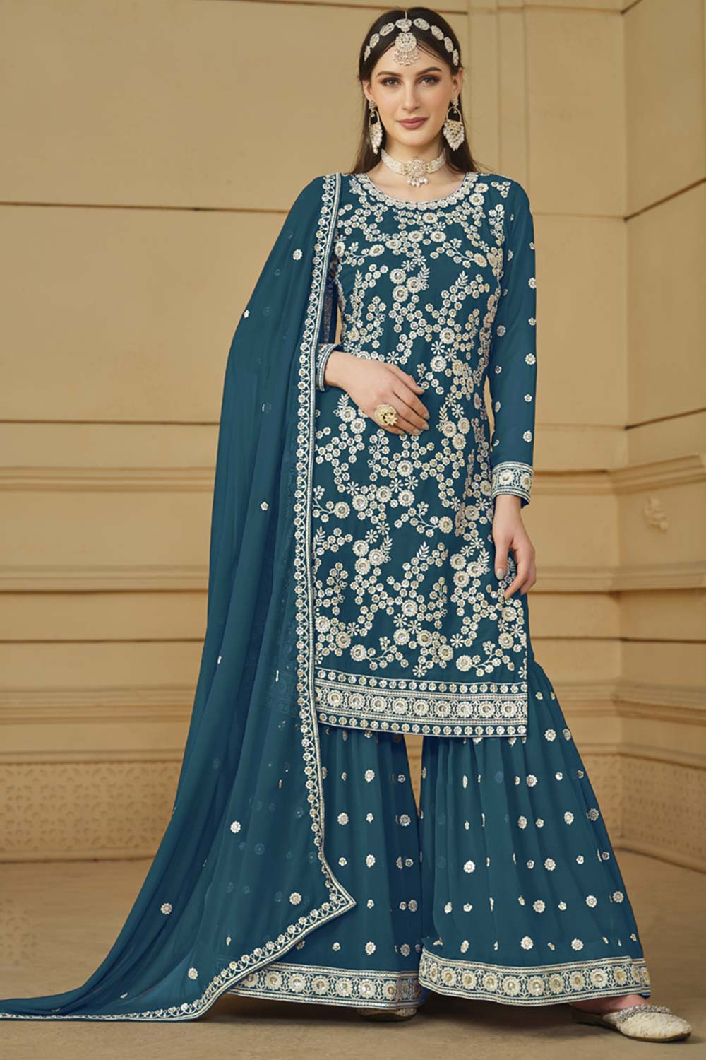 Aqua Blue Faux Georgette Embroidery Sharara Suit