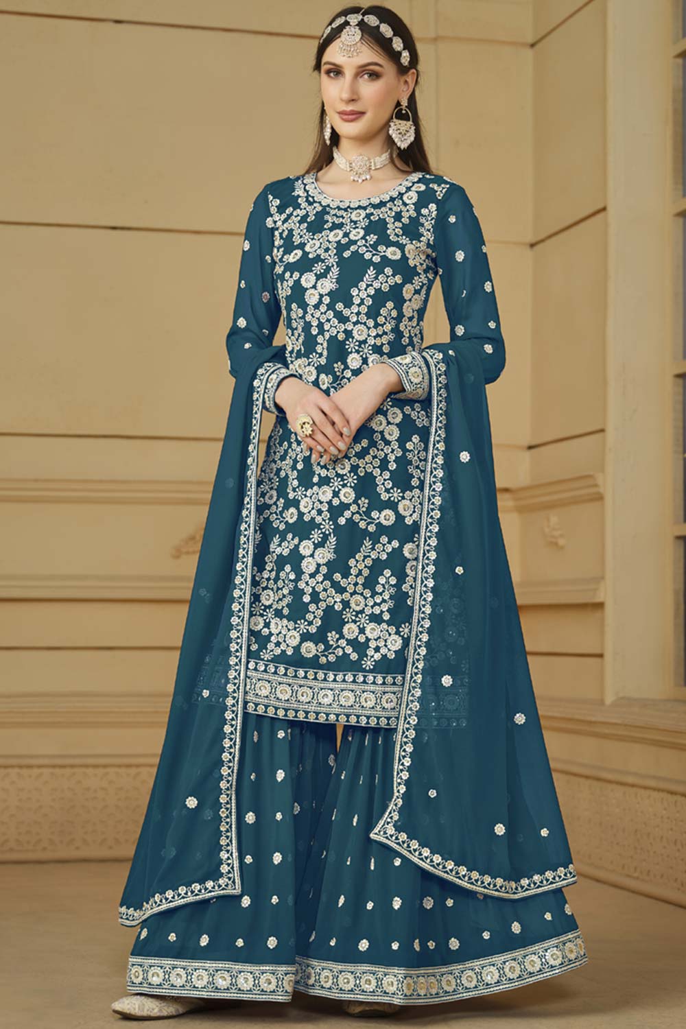 Aqua Blue Faux Georgette Embroidery Sharara Suit