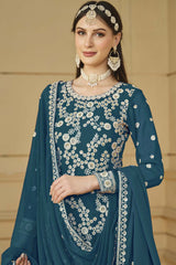 Aqua Blue Faux Georgette Embroidery Sharara Suit