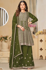 Mehendi Chinon Silk Embroidery Sharara Suit