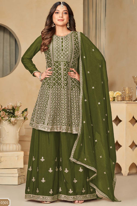 Mehendi Chinon Silk Embroidery Sharara Suit