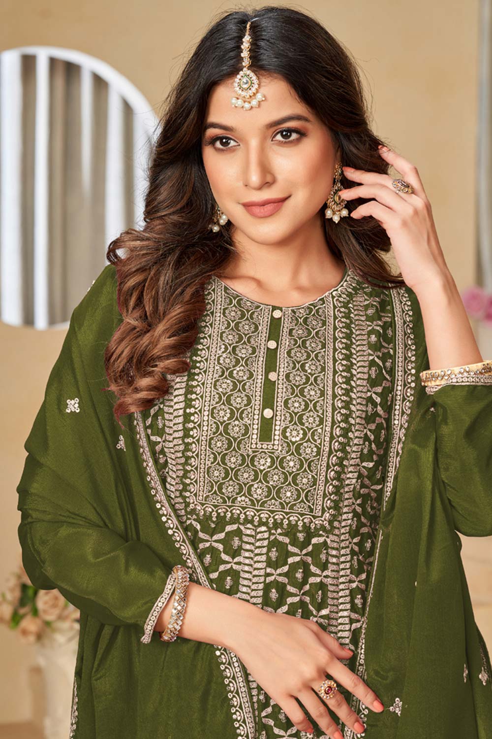 Mehendi Chinon Silk Embroidery Sharara Suit