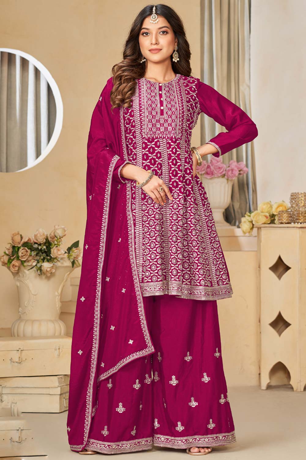 Rani Pink Chinon Silk Embroidery Sharara Suit