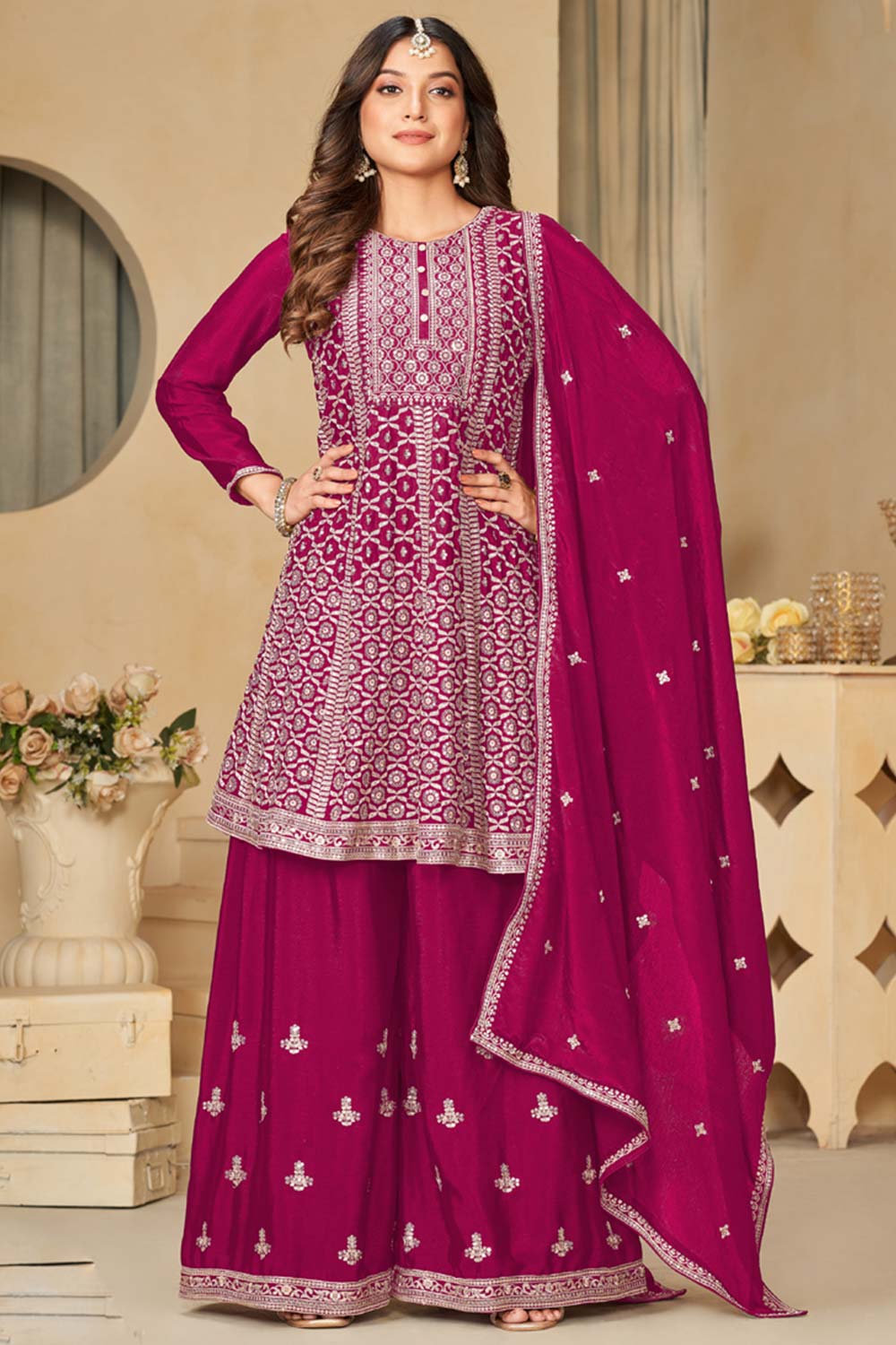 Rani Pink Chinon Silk Embroidery Sharara Suit