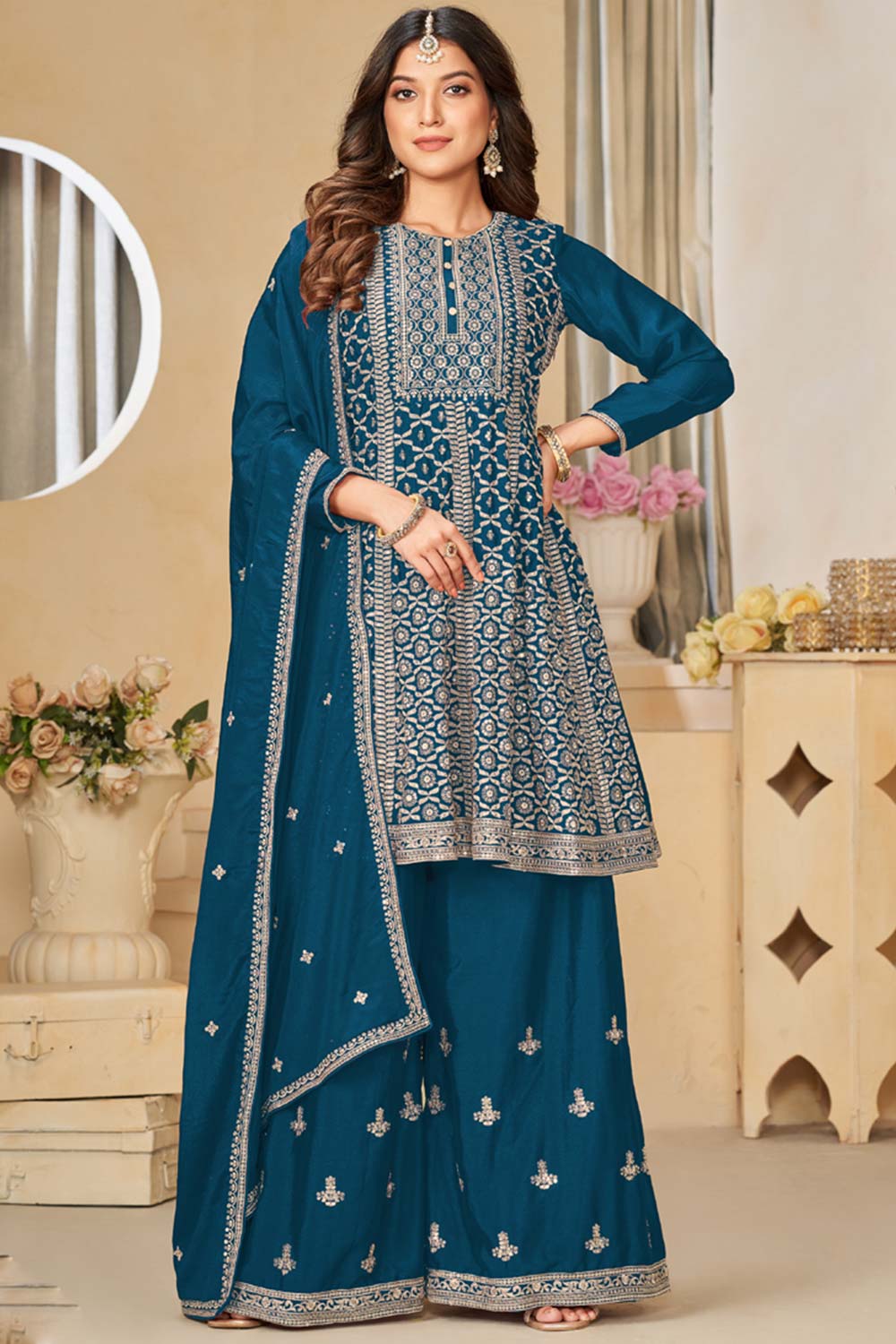 Blue Chinon Silk Embroidery Sharara Suit