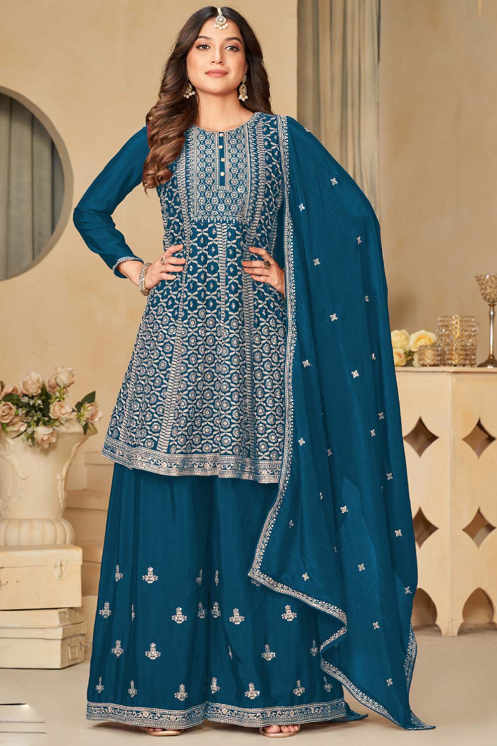 Blue Chinon Silk Embroidery Sharara Suit